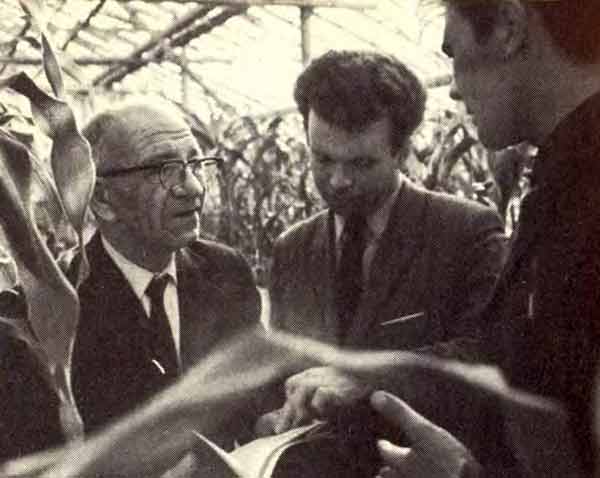 Academician Mikhail Khajinov discusses the results of a hothouse co growing experiment with his pupils