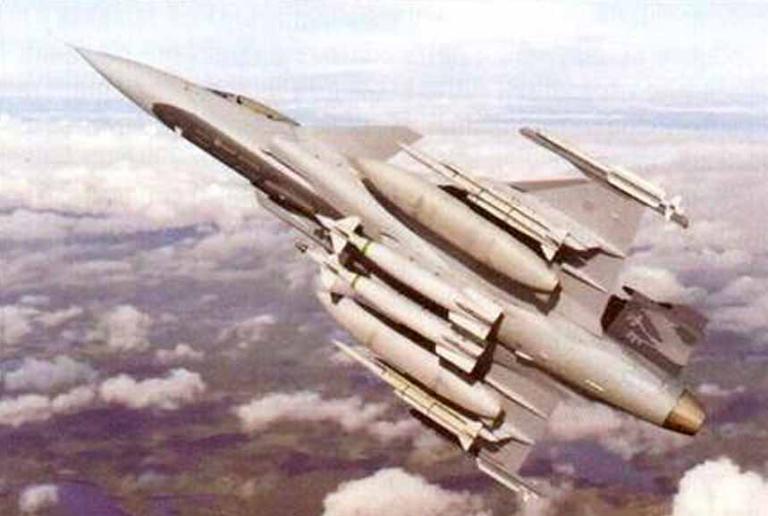 Истребитель JAS39 Gripen под фюзеляжем 2 управляемые бомбы GBU-10